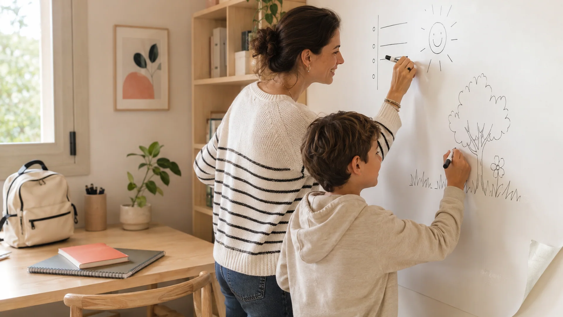 Un mur transformé en tableau blanc adhésif, utilisé pour écrire et afficher des documents avec des aimants